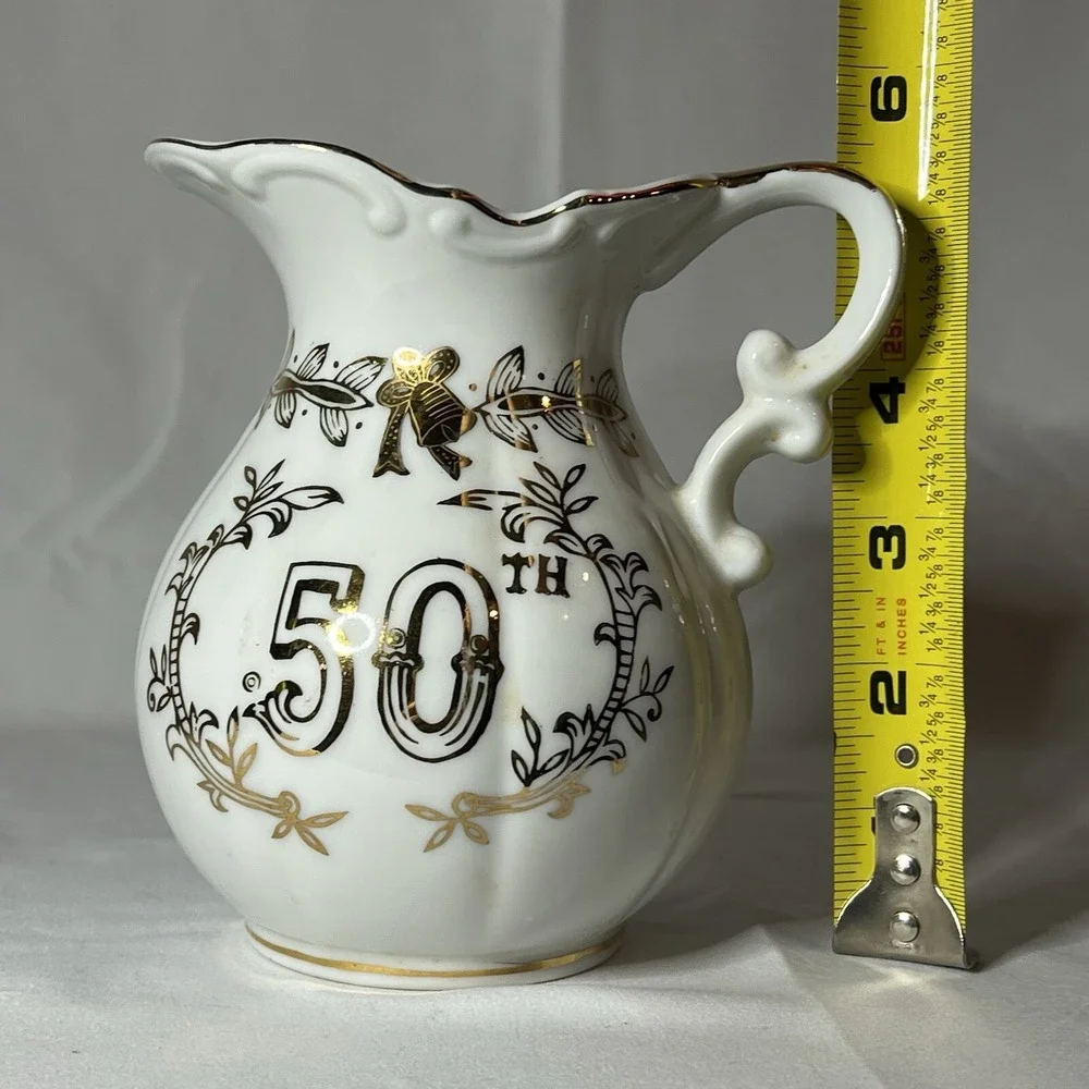Vintage Lefton China 50th Anniversary Creamer/Mini Pitcher Hand Painted 5.5in‎